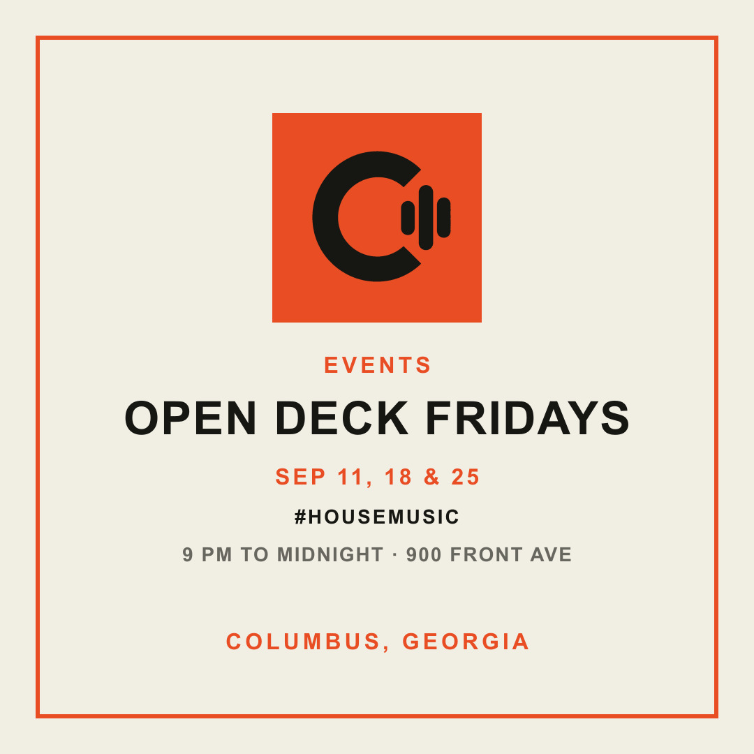 Columbus, Georgia Electronic Music graphic announcing Open Deck Fridays at Stirrup Trouble on September 11, 18, and 25.